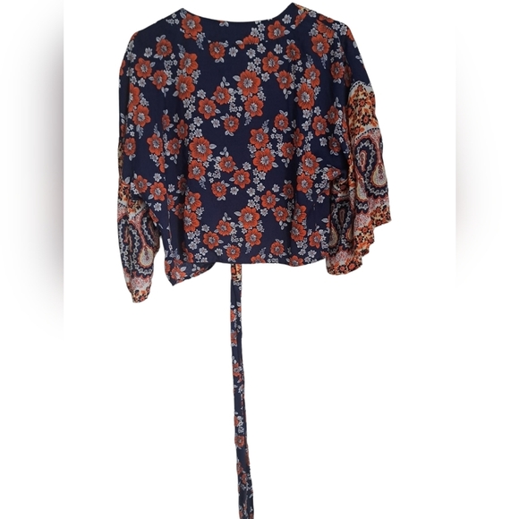 JAPNA bohemian floral flowly orange blues shrug tie shirt top M - Picture 2 of 11